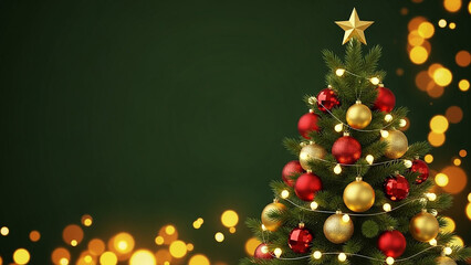 Decorated christmas tree with ornaments and lights against a dark green background
