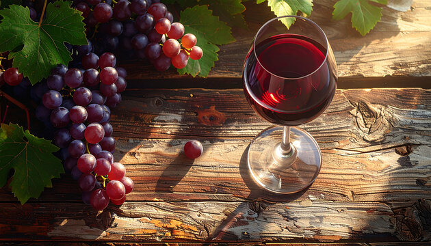 Elegant Red Wine Still Life with Grapes on Rustic Wood.