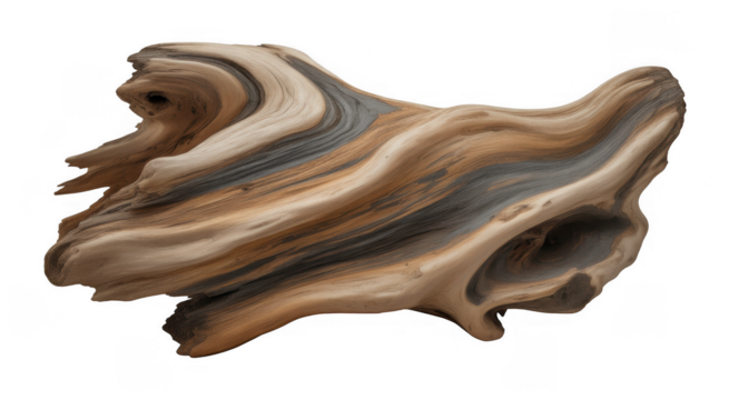 Gnarly weathered driftwood with swirling grain patterns and dark streaks isolated on a transparent background