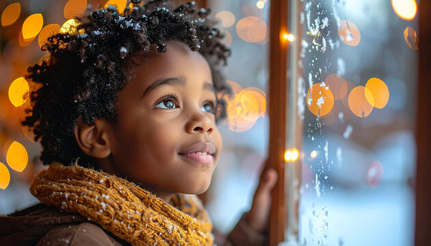 Young boy gazing out window with Christmas lights.