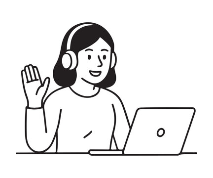 Friendly woman waving during a video call, engaging with colleagues on her laptop, perfect for remote work and virtual meeting illustrations