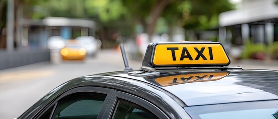 Bright yellow taxi sign on top of a car parked in an urban area with blurred traffic in the background under a sunny sky