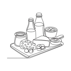 Black and white sketch of dairy products on a wooden board