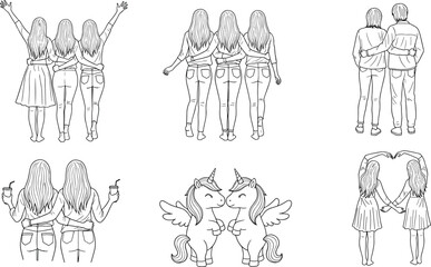 Back-view people and unicorn illustration set, friendship pose vector art, cad drawing flat vector illustration, black graphic design artwork