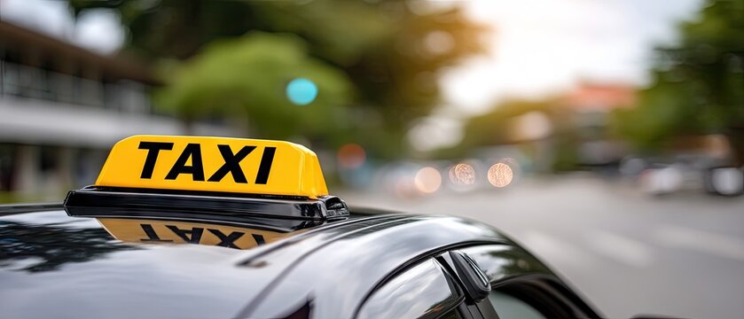 Taxi waiting on a city street during a sunny afternoon with blurred background of cars and greenery