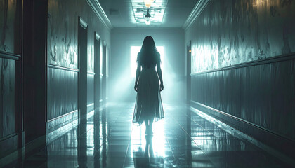 Ethereal Figure in a Haunted Hallway - A Ghostly Encounter.