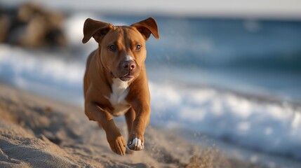 A dog sprinting across a beach with pure joy, sand kicking up behind it as the ocean waves shimmer in the background — pet energy, natural motion, and lifestyle outdoor photography. cinematic color