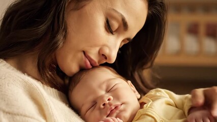 Loving mother gently holds and kisses her peaceful sleeping newborn baby - Powered by Adobe