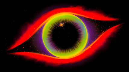 Vibrant abstract eye in cosmic nebula with glowing red eyelids