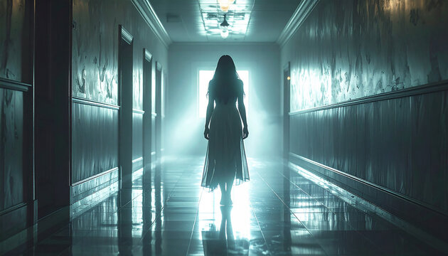 Ethereal Figure in a Haunted Hallway - A Ghostly Encounter.