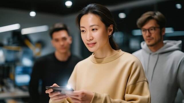 A startup founder presenting a sleek prototype device during a pitch meeting, investors observing as the product lights up for the first time — tech innovation showcase, proof-of-concept demo, and - Powered by Adobe
