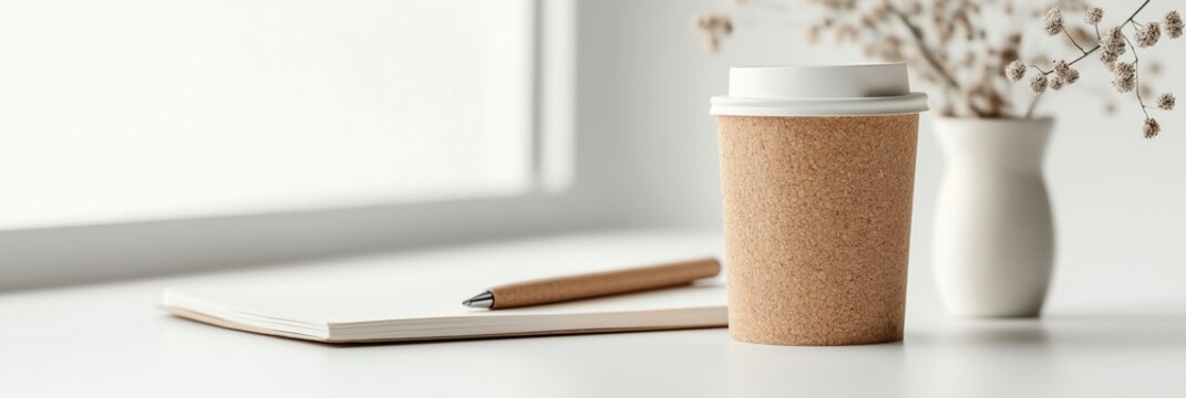 Disposable paper coffee cup with lid, notepad, and pen on white desk. Vase with dried flowers in background near window - Powered by Adobe