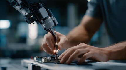 A robotics tech connecting sensor cables on a robotic arm, LED indicators blinking as the machine powers up — automation integration, robotics assembly, and precision engineering. cinematic color