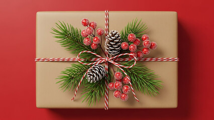 A christmas gift wrapped in brown paper with pine cones and red berries on top