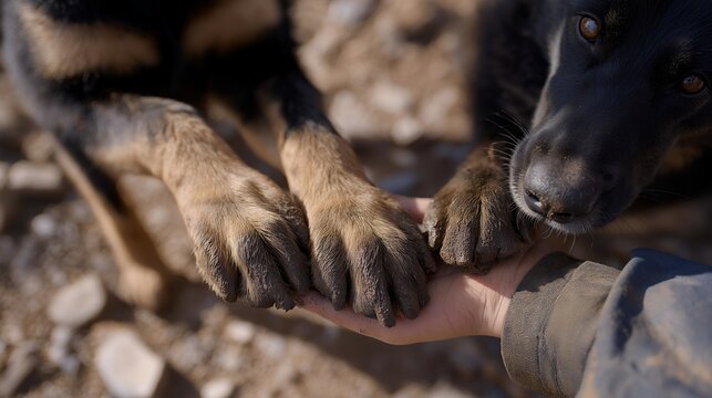 A close-up of muddy paws on a crisp uniform turns into poetic symbolism — chaos meeting calm, order meeting affection, a perfect metaphor for returning home. cinematic color correction, natural