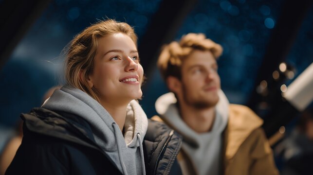 A couple visiting a public observatory during an open night event, looking through a telescope while a guide explains constellations &mdash; educational astronomy experience, night-sky tourism, and