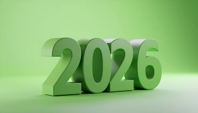 Minimalist 3D rendering of the year 2026 in a light green monochrome color scheme. This modern and clean design symbolizes the upcoming new year, future goals, and planning