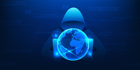 Cybersecurity Hacker technology and cyber threats with computers and digital globe in front, showing cyber theft, virus attacks and data extortion over a global high-speed internet network. © K illustrator Photo