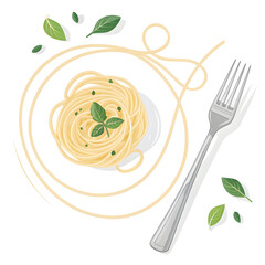 A minimal fork and pasta swirl forming a clean circular shape creating a simple tasty visual symbolizing food
