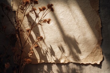 Kraft paper linen texture background with dried flowers and shadows