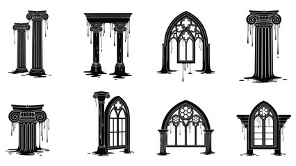 Dark gothic architectural elements, featuring melting Ionic columns and ornate arch windows with eerie dripping effects., isolated on white background