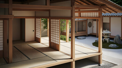 Beautiful traditional Japanese architecture featuring a tranquil interior with tatami flooring and shoji doors, opening to an elegant zen rock garden with a stone lantern.