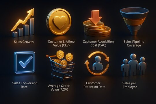 3D Business Sales Growth Metrics Icons: CLV, CAC, AOV, Conversion, and Retention Rate