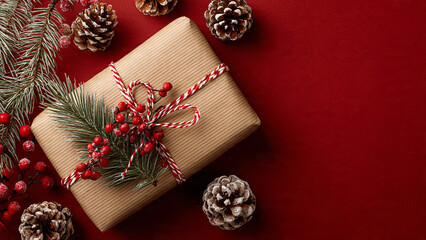A christmas gift wrapped in brown paper with pine cones and red berries around it