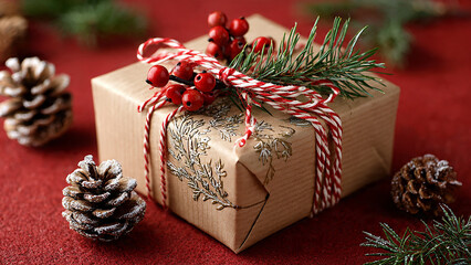 Festive christmas gift wrapped in brown paper with red and white twine bow