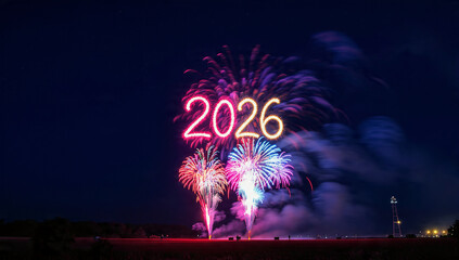Fireworks display with the year two thousand twenty six in the night sky above