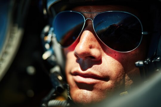 Focused fighter pilot prepares for mission wearing aviator sunglasses and helmet in cockpit environment during day