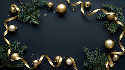Elegant Christmas Frame with Gold Ornaments Ribbon and Evergreen Branches on Dark Background
