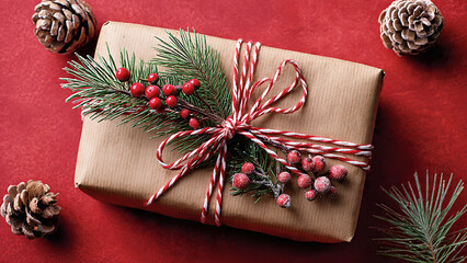 A christmas gift wrapped in brown paper tied with string on a red background