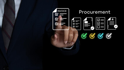 Touchless digital procurement workflow concept showing a hand selecting invoice documents with verification icons. Suitable for ERP software, B2B purchase management and paperless approval systems. 