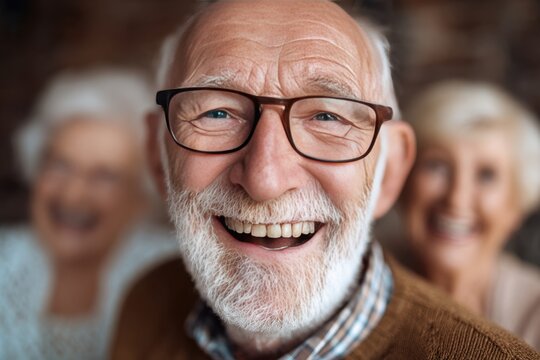 Elderly people enjoying a joyful moment together with big smiles, creating a warm atmosphere in a cozy setting filled with happiness and connection among friends