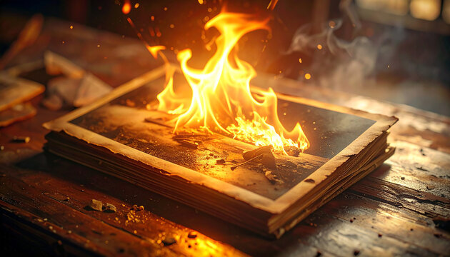 Burning Book - Flames Consuming Knowledge and History on Wooden Table.