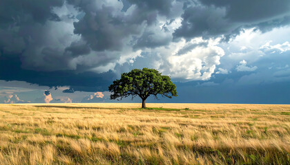 Solitary Tree Standing Tall in a Golden Wheat Field Under a Dramatic Sky.