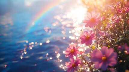 Naklejka premium Bright pink flowers flourish near a sparkling body of water, illuminated by sunlight and accompanied by a rainbow