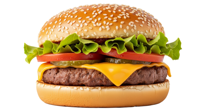Delicious cheeseburger with fresh toppings on a sesame seed bun perfect for fast food menus and restaurant promotions on transparent background - Powered by Adobe