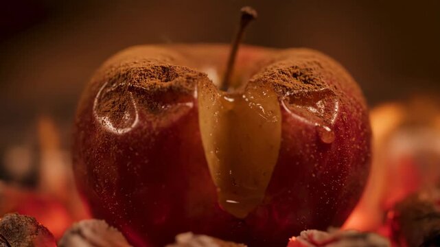 Baked apple with cinnamon, warm dessert with fire, sweet tasty treat