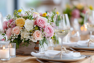 Romantische Tischdekoration mit Blumen und Kerzen &ndash; elegantes Wohlf&uuml;hlambiente