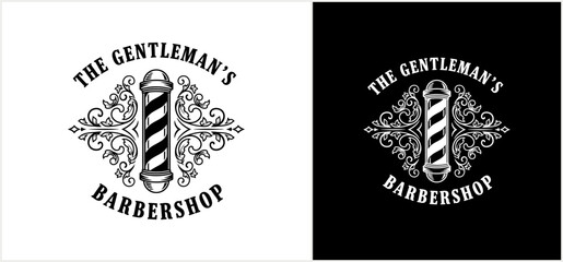 Barber shop logo design with a classic barber pole and ornate flourishes, in black and white.
