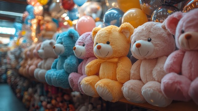 A colorful array of pastel teddy bears delights visitors in a lively toy store, sparking smiles and nostalgia - Powered by Adobe