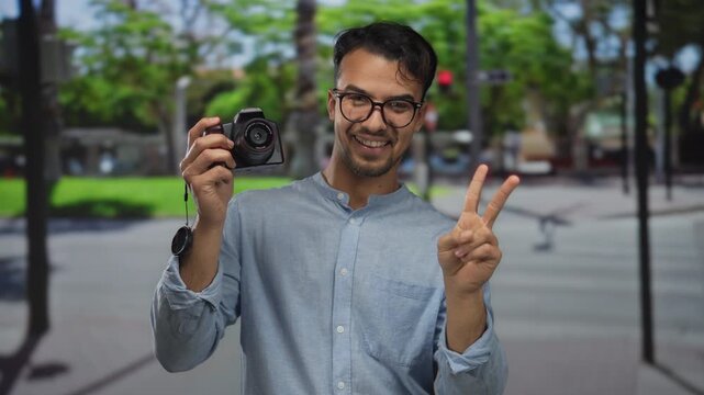 Young man wearing glasses smiling and holding a camera showing a peace sign on a sunny city street with green trees and blurred background.