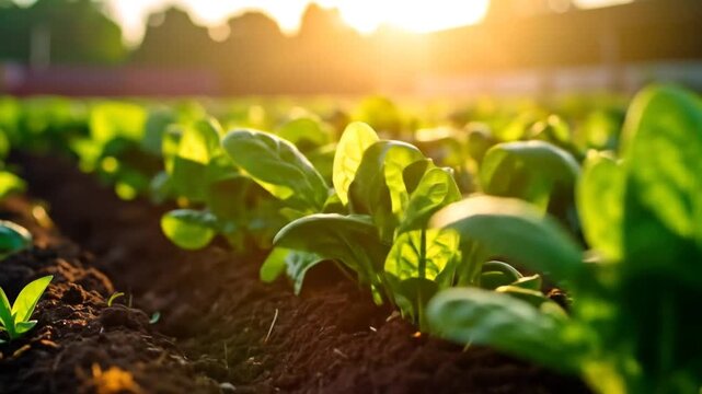 Spinach plants growing in sunny farm.