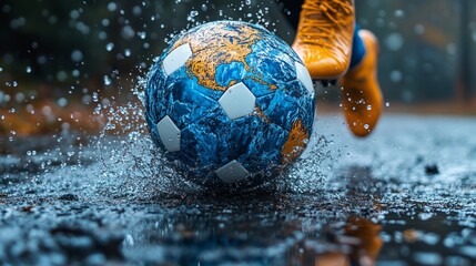 A player skillfully maneuvers a bright soccer ball through a slick, water-covered surface, showcasing agility