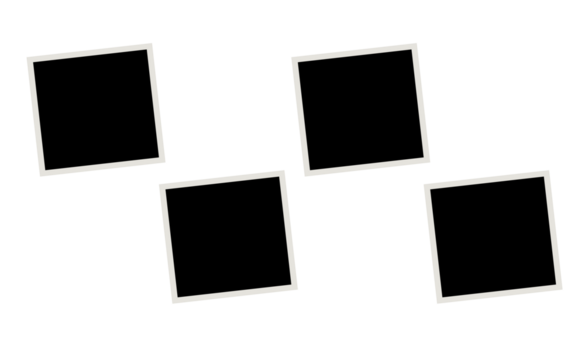 Four tilted black square photo frames