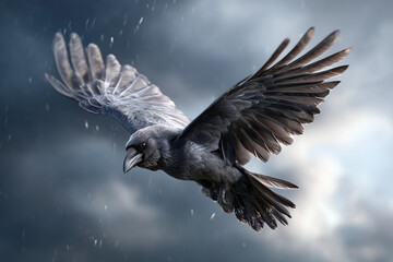 Obraz premium Dramatischer fliegender Rabe im Sturm – Wildlife, Natur, Dynamik