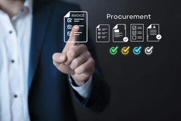 Touchless digital procurement workflow concept showing a hand selecting invoice documents with verification icons. Suitable for ERP software, B2B purchase management and paperless approval systems. 