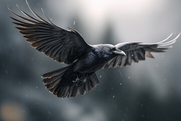Naklejka premium Dramatischer fliegender Rabe im Sturm – Wildlife, Natur, Dynamik